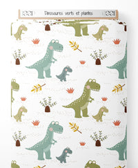 Tissu - Dinosaures verts et plantes