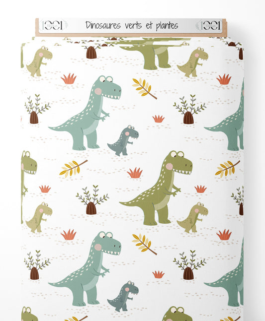 Tissu - Dinosaures verts et plantes