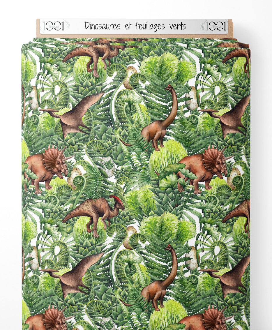 Tissu - Dinosaures et feuillages verts