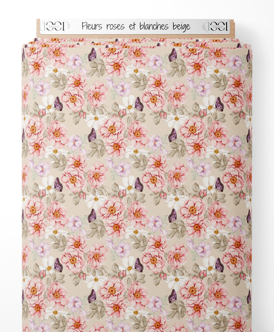 Tissu - Fleurs roses et blanches beige