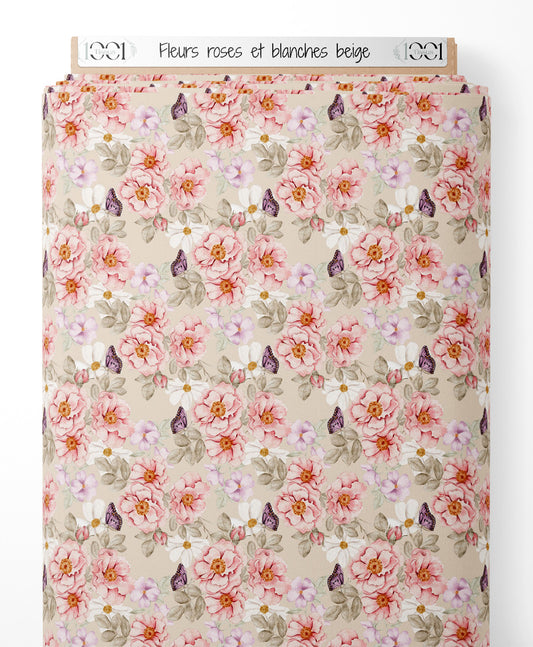 Tissu - Fleurs roses et blanches beige