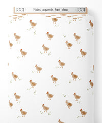 Tissu - Poules aquarelle fond blanc