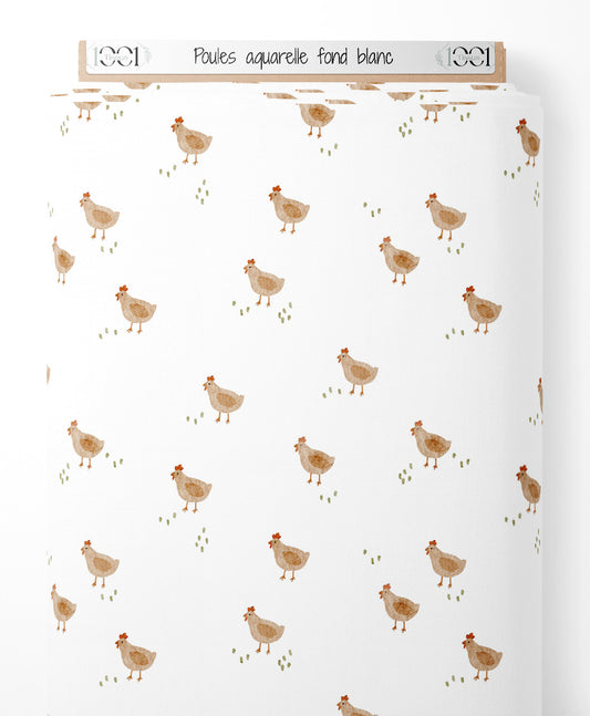 Tissu - Poules aquarelle fond blanc