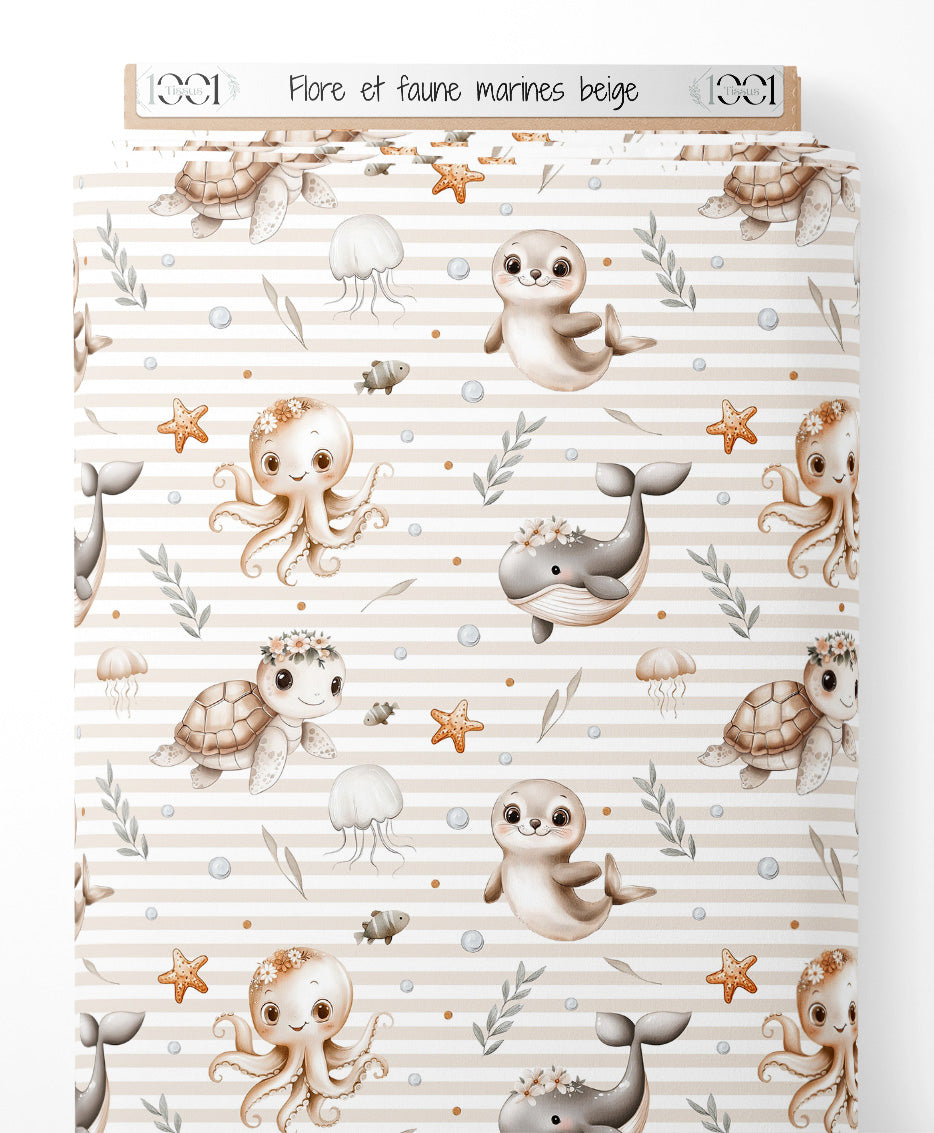 Tissu - Flore et faune marines beige