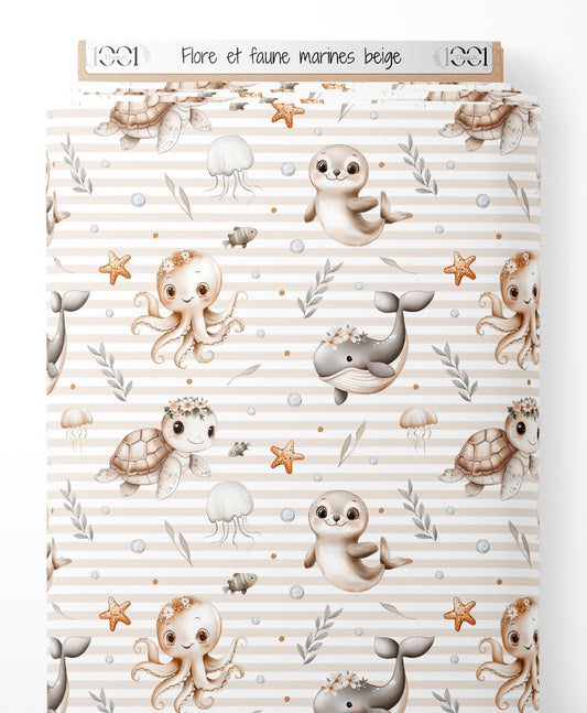Tissu - Flore et faune marines beige