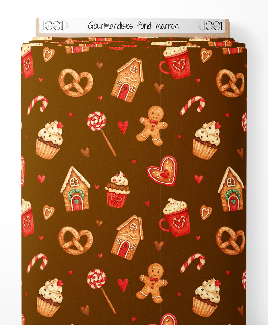 Tissu - Gourmandises sur fond marron