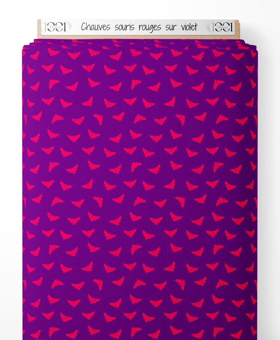 Tissu - Chauves-souris rouges sur violet