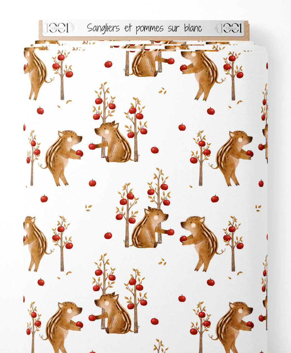 Tissu - Sangliers et pommes sur blanc