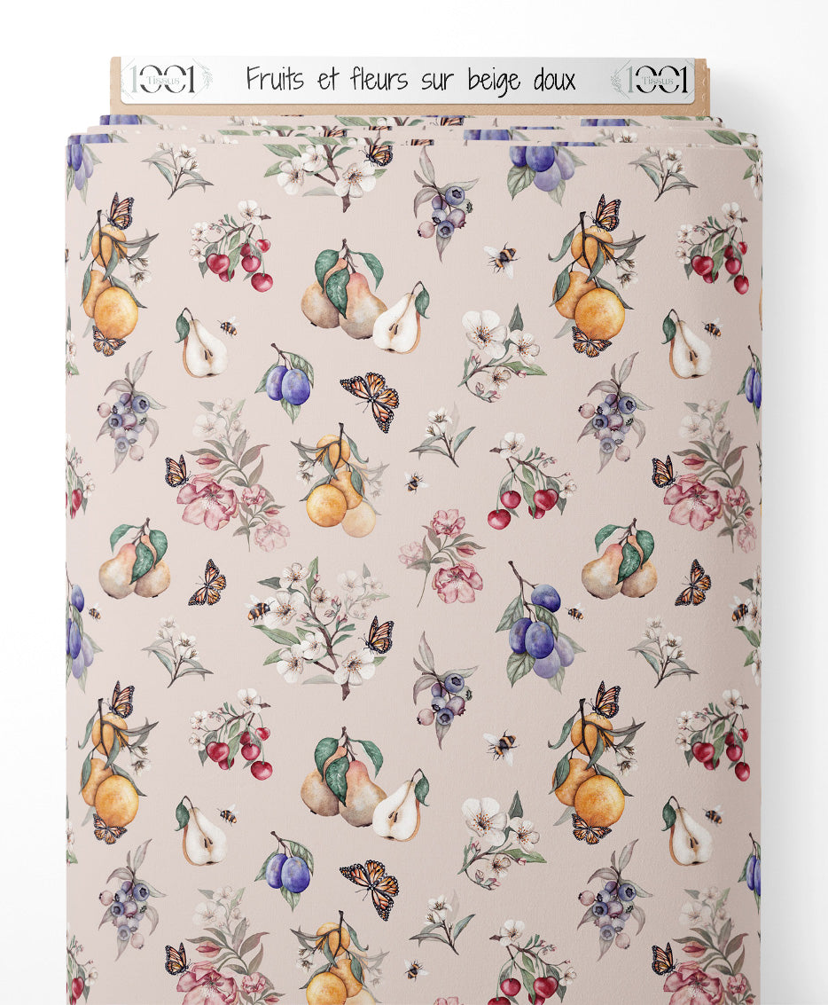 Tissu - Fruits et fleurs sur beige doux