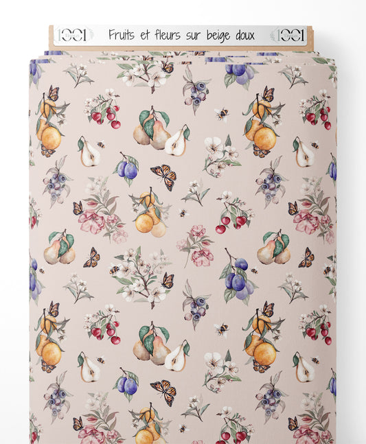 Tissu - Fruits et fleurs sur beige doux