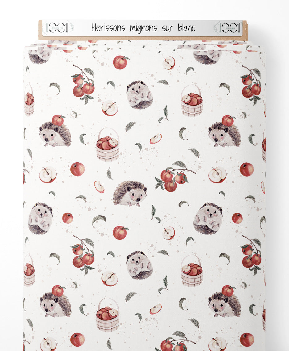 Tissu - Hérissons mignons sur blanc