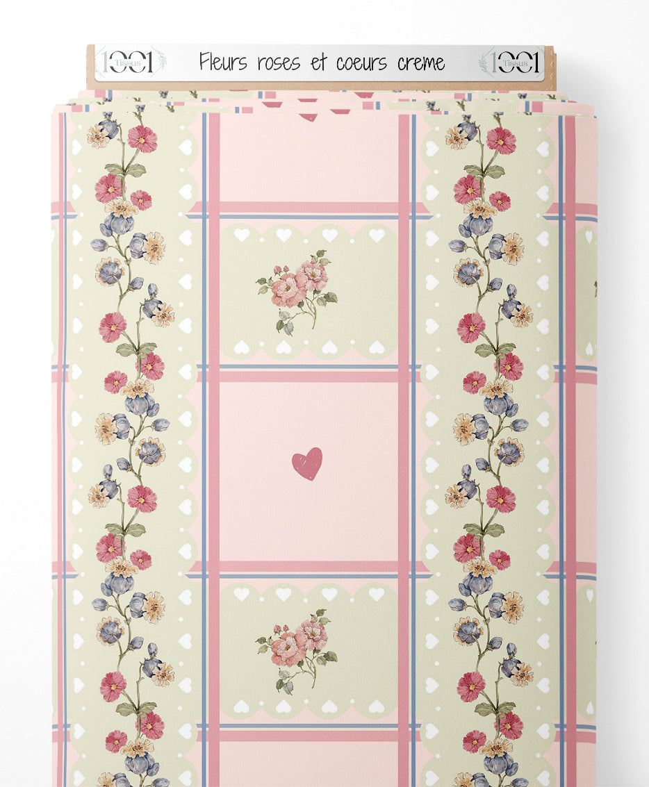 Tissu - Fleurs roses et cœurs crème