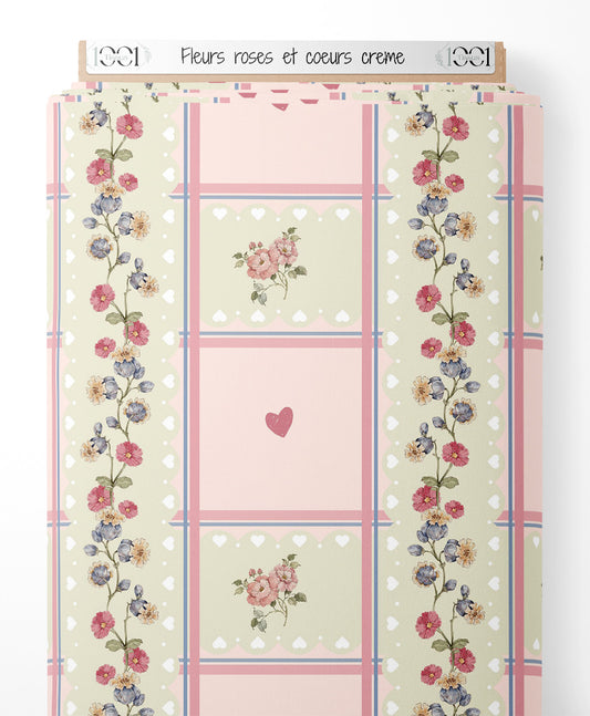 Tissu - Fleurs roses et cœurs crème