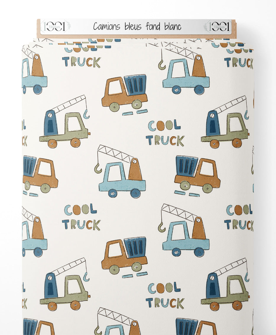 Tissu - Camions bleus sur fond blanc