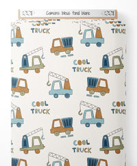 Tissu - Camions bleus sur fond blanc