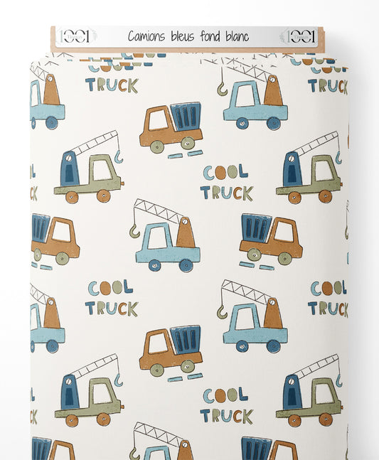 Tissu - Camions bleus sur fond blanc