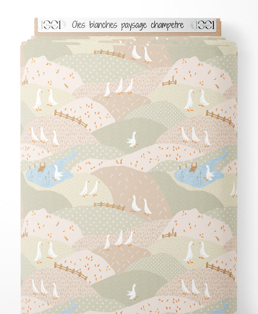 Tissu - Oies blanches paysage champêtre
