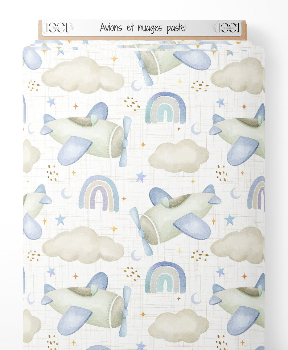 Tissu - Avions et nuages pastel