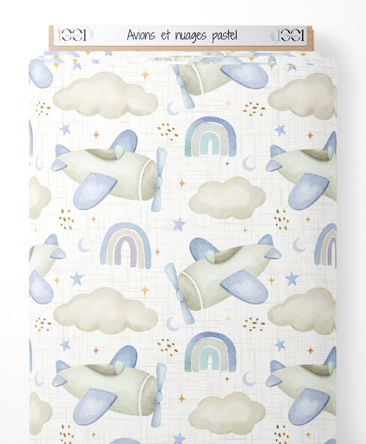 Tissu - Avions et nuages pastel