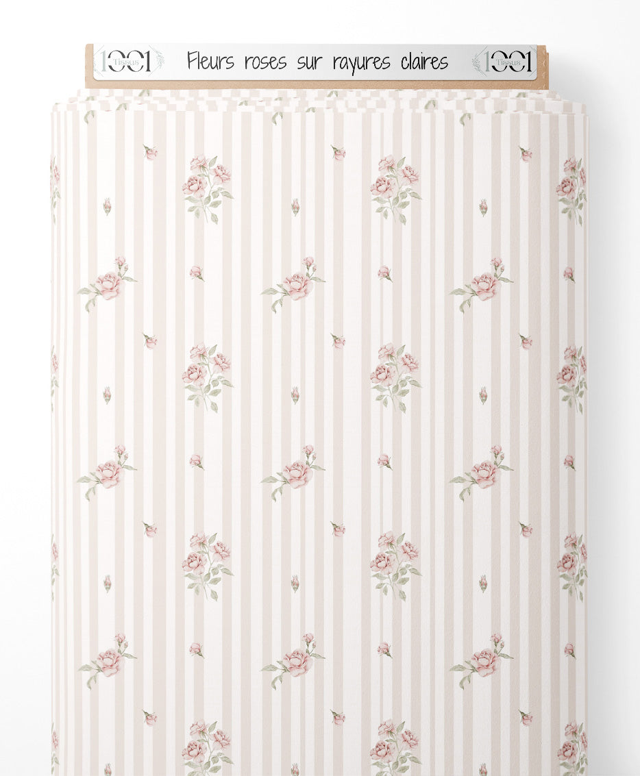 Tissu - Fleurs roses sur rayures claires