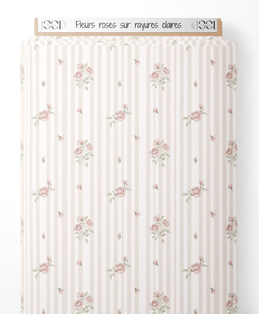 Tissu - Fleurs roses sur rayures claires