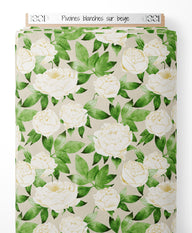 Tissu - Pivoines blanches sur beige