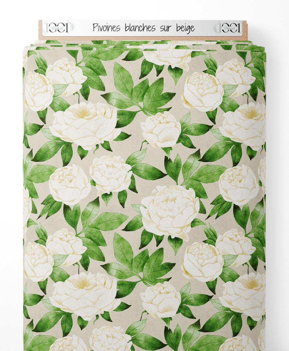 Tissu - Pivoines blanches sur beige