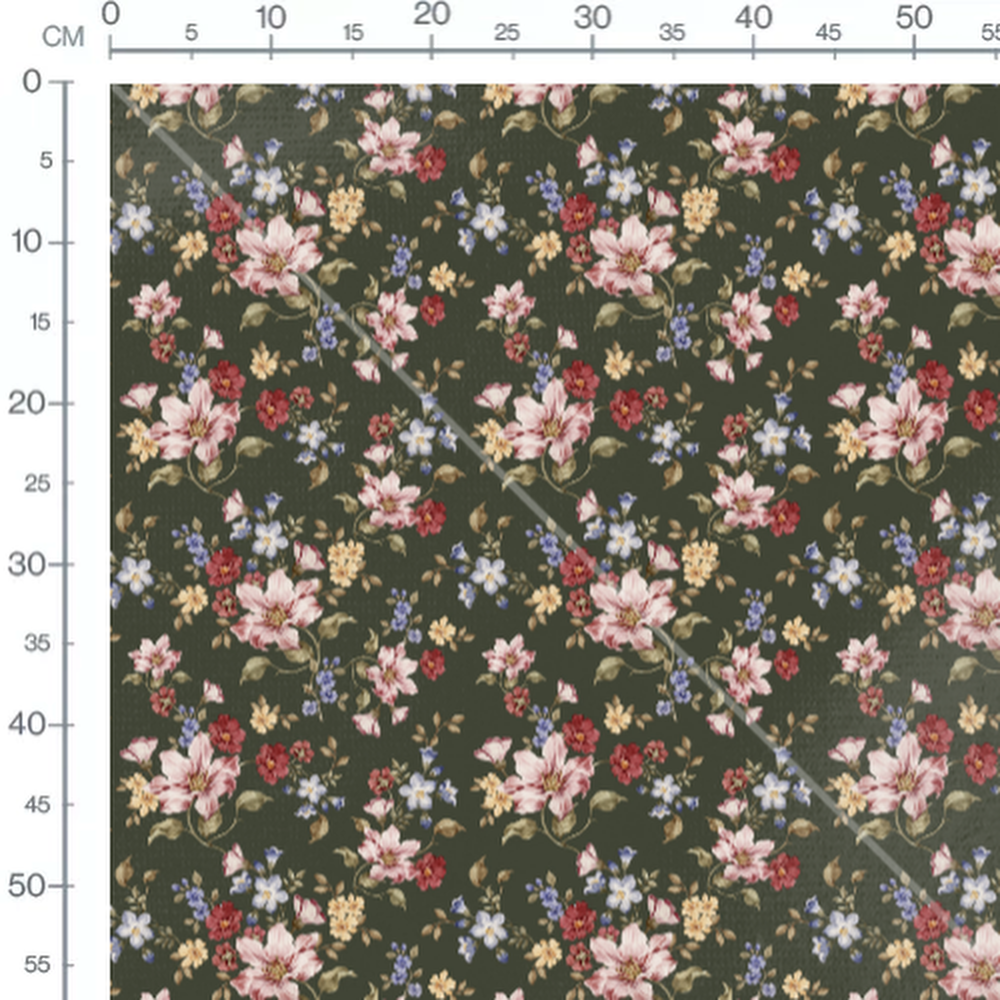 Tissu - Fleurs vintage sur fond vert