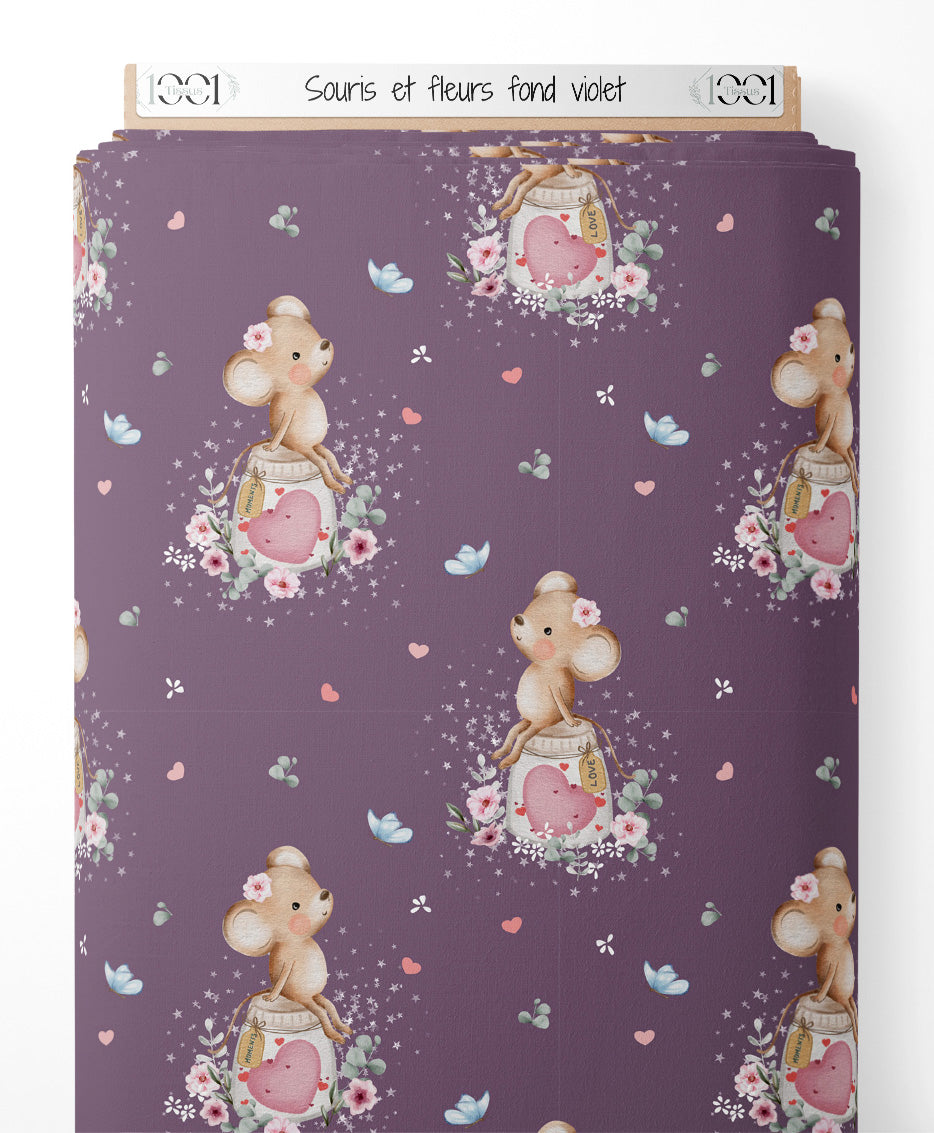 Tissu - Souris et fleurs sur fond violet