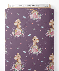 Tissu - Souris et fleurs sur fond violet