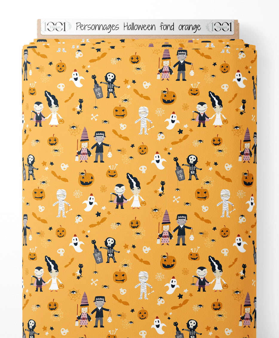Tissu - Personnages Halloween fond orange