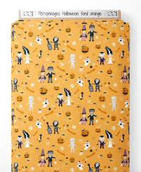Tissu - Personnages Halloween fond orange