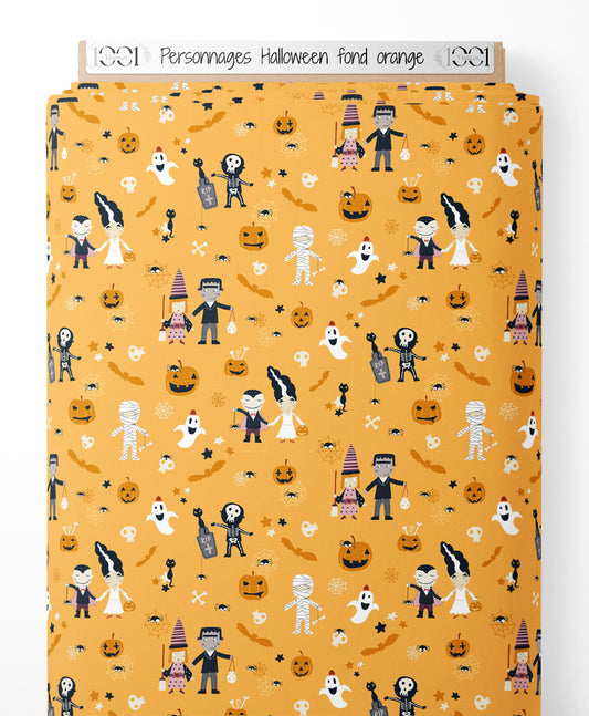 Tissu - Personnages Halloween fond orange