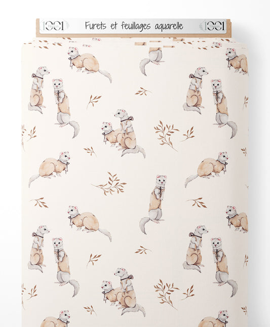 Tissu - Furets et feuillages aquarelle