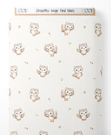 Tissu - Chouettes beige sur fond blanc
