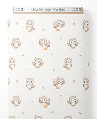 Tissu - Chouettes beige sur fond blanc