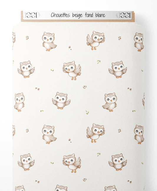Tissu - Chouettes beige sur fond blanc
