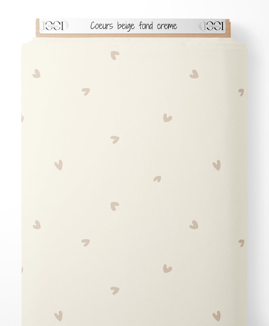 Tissu - Cœurs beige sur fond crème