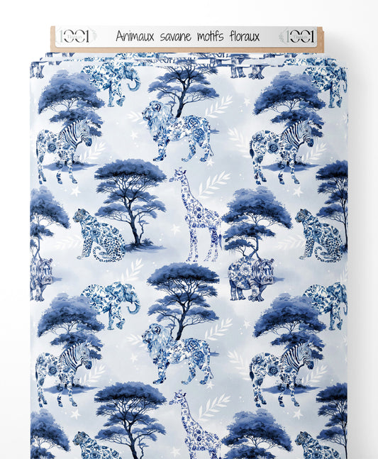 Tissu - Animaux savane motifs floraux