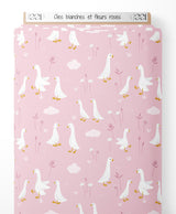 Tissu - Oies blanches et fleurs roses