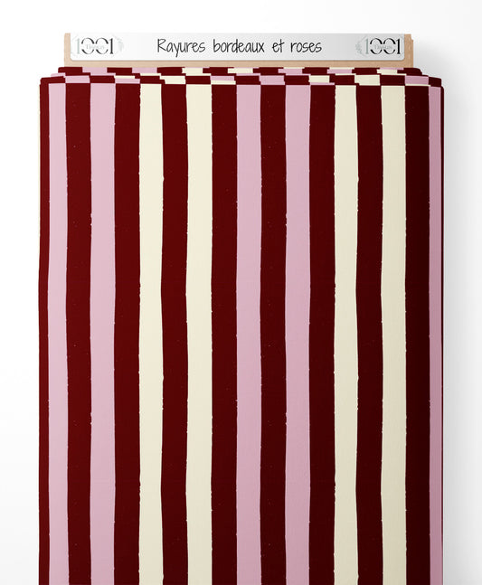 Tissu - Rayures bordeaux et roses