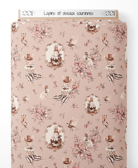 Tissu - Lapins et oiseaux couronnés