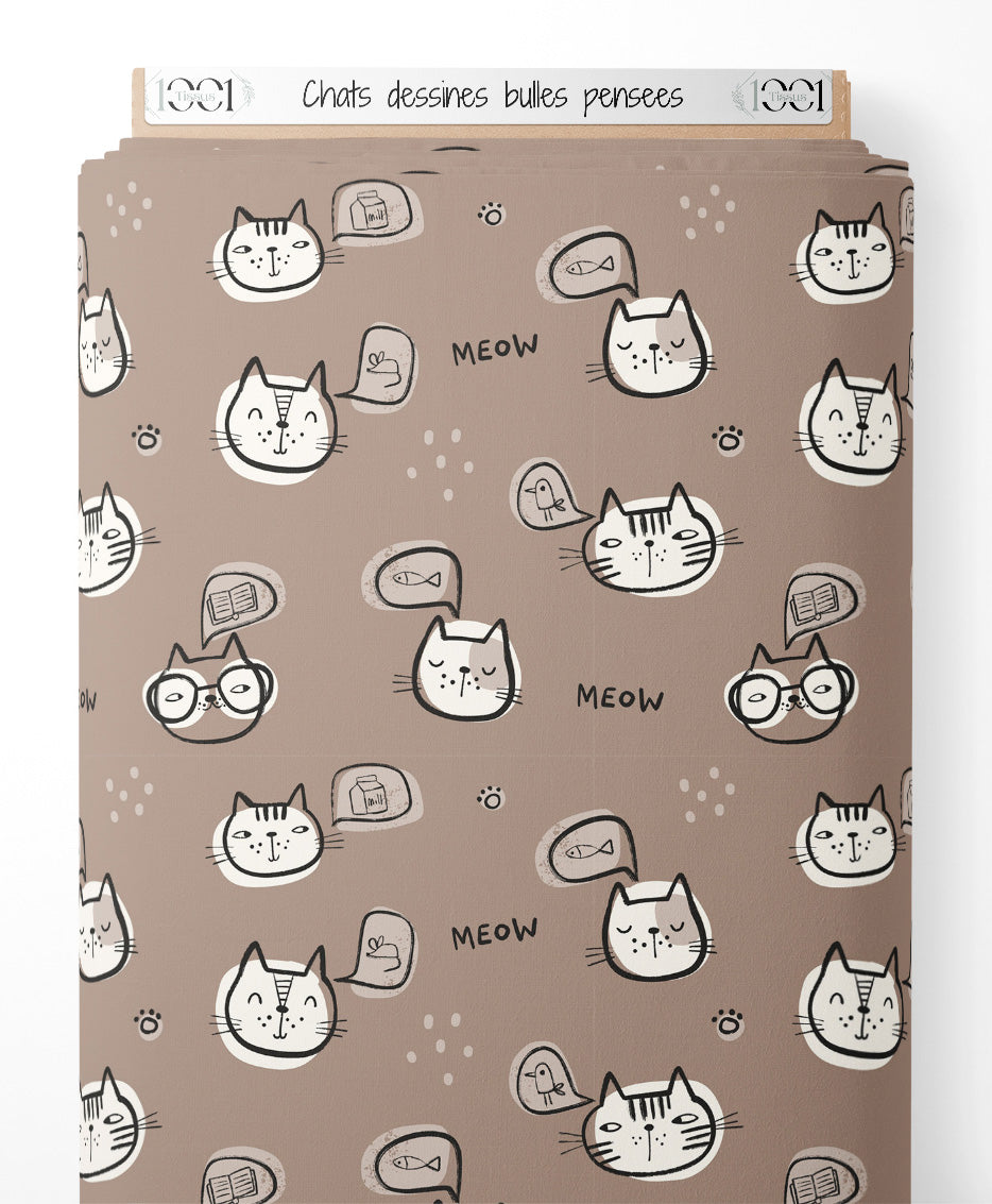 Tissu - Chats dessinés bulles pensées