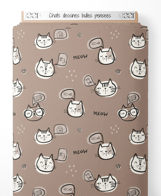 Tissu - Chats dessinés bulles pensées