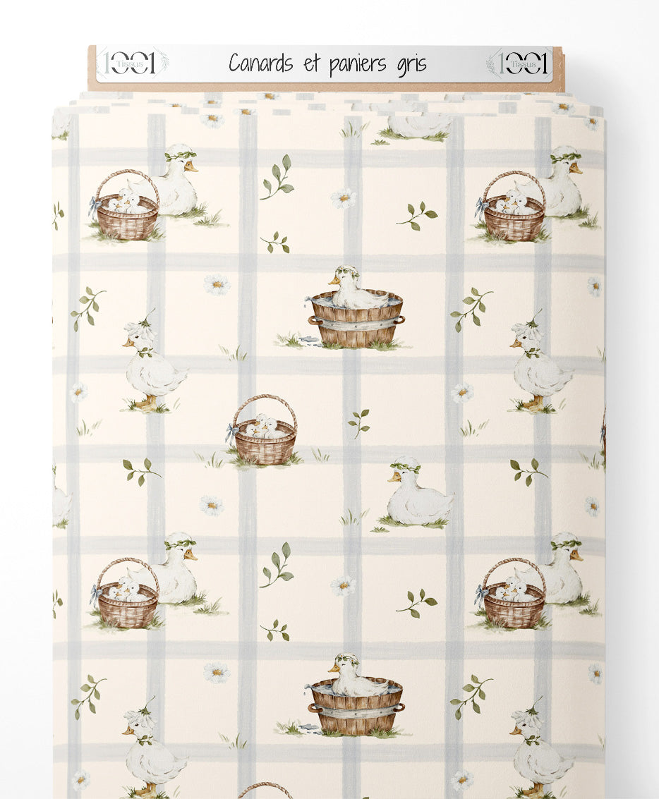 Tissu - Canards et paniers gris