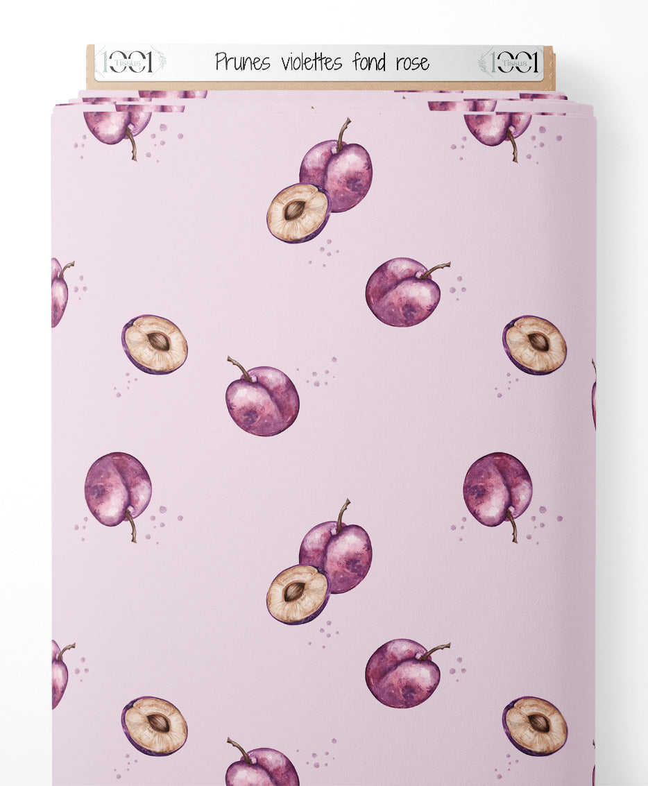 Tissu - Prunes violettes sur fond rose