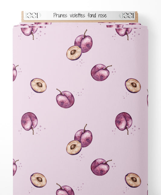 Tissu - Prunes violettes sur fond rose