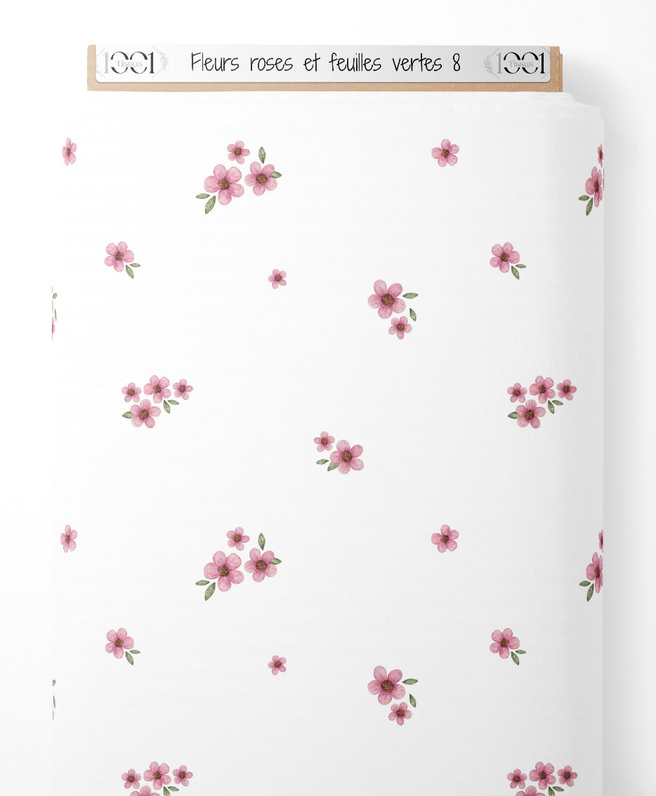 Tissu - Fleurs roses et feuilles vertes 8