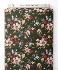 Tissu - Fleurs vintage sur fond vert