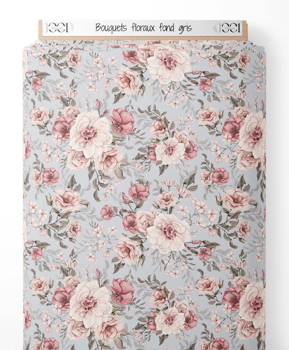 Tissu - Bouquets floraux sur fond gris
